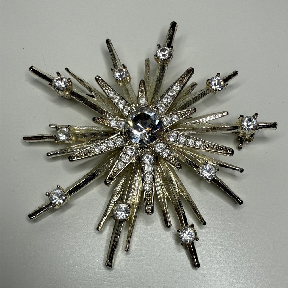 Vintage Silver Starburst Brooch Avon SP signed atomic firecracker bling pin